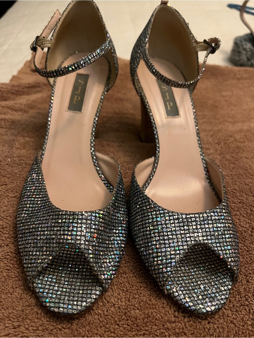 Silver Glitter Open-Toe Ankle-Strap Heels